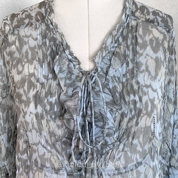 CHAN LUU Blue & Gray Sheer Viscose Blouse + Beaded Embellishments | Size M - Picture 4 of 14